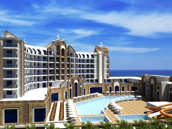 Alanya, Hotel The Lumos Deluxe Resort, piscina exterioara, sezlonguri, mare.jpg